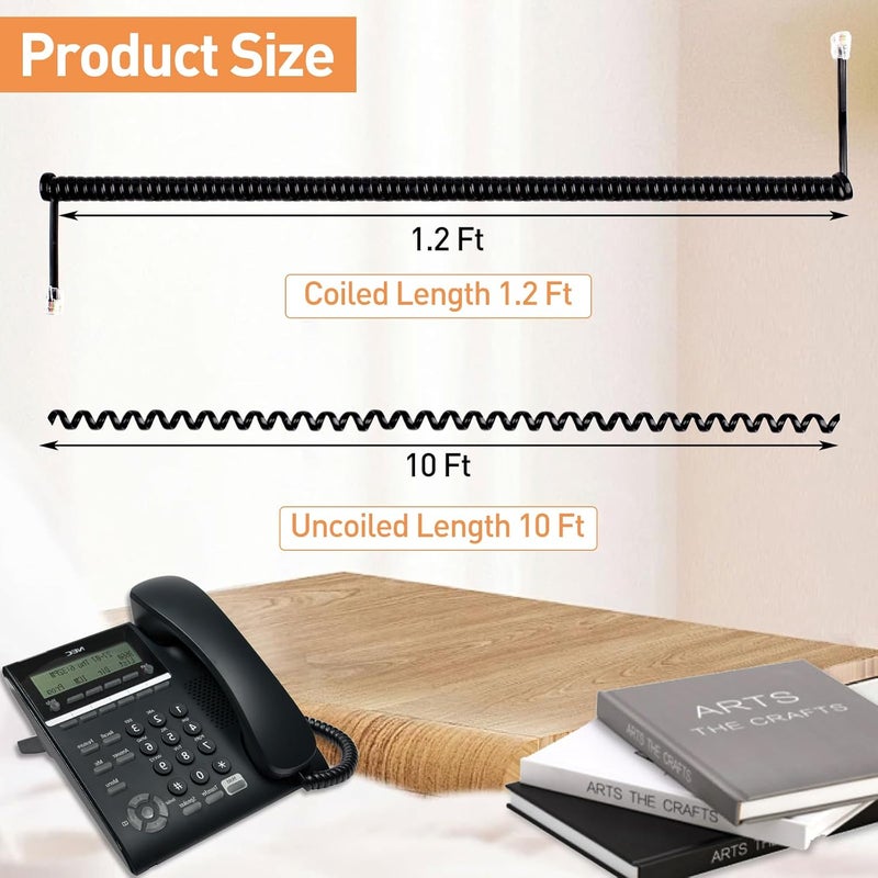 Rindion 3PCS Phone Cord for Landline, 10 Ft Uncoiled/1.2 Ft Coiled Telephone Cord, Universally Phone Cable for Use in Home or Office(Black) - Image 2